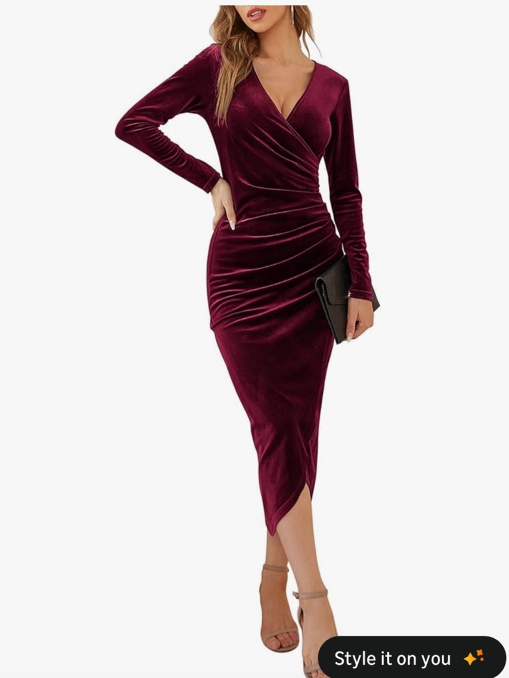 Elegant Long-Sleeve Velvet Wrap Midi Dress in Burgundy